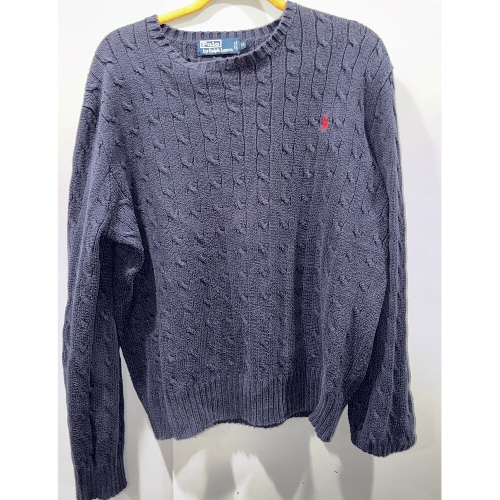 VTG Ralph Lauren Men’s Navy Blue Sweater XL Cable Knit Crewneck Cotton Red Pony